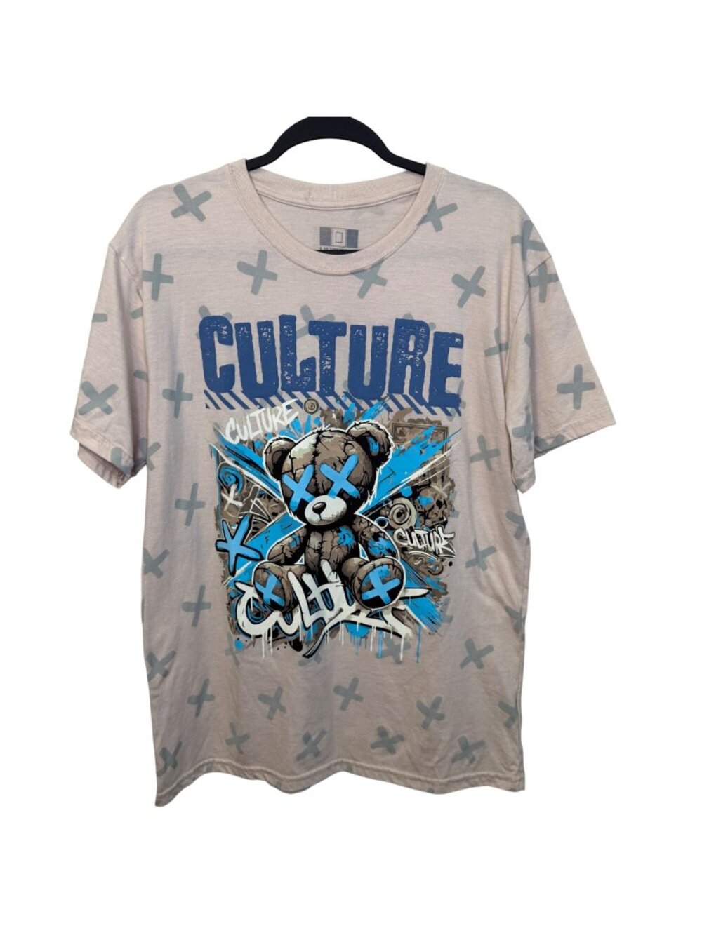 Hustle Culture Teddy Bear Graphic T Shirt Blue Cross Print Men’s Large Y2K